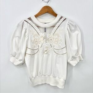 Anthropologie Embroidered Short Sleeve Sweatshirt XS Ivory Cottage Sheer Beaded